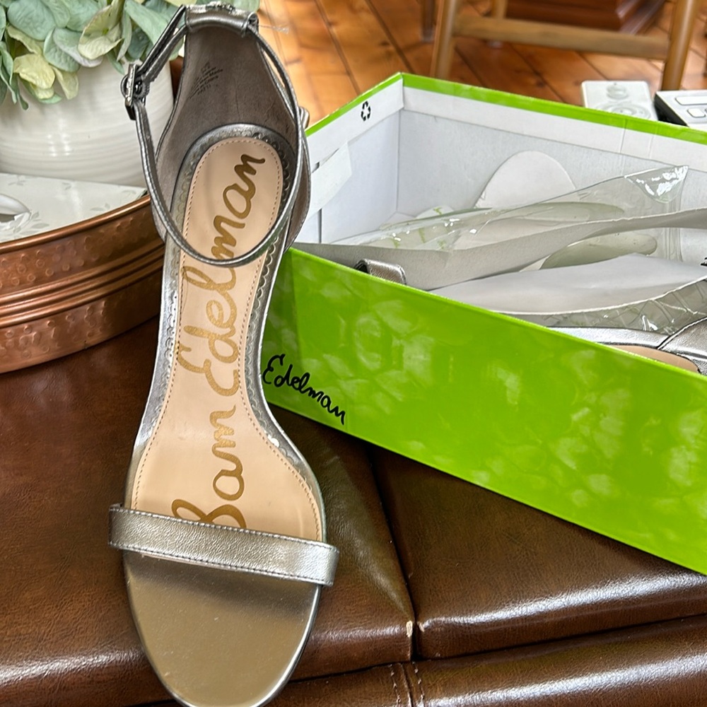 Dress sandal, metallic pewter, single strap, 3 inch heel. Good condition